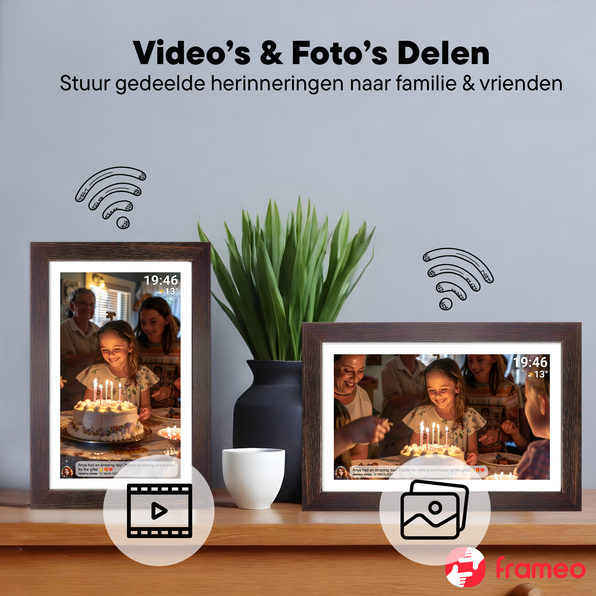 Denver Digitale Fotolijst 15.6 Inch - Hout - XL - Full HD - Frameo App - Fotokader - WiFi - 16GB - IPS Touchscreen - PFF1543DW