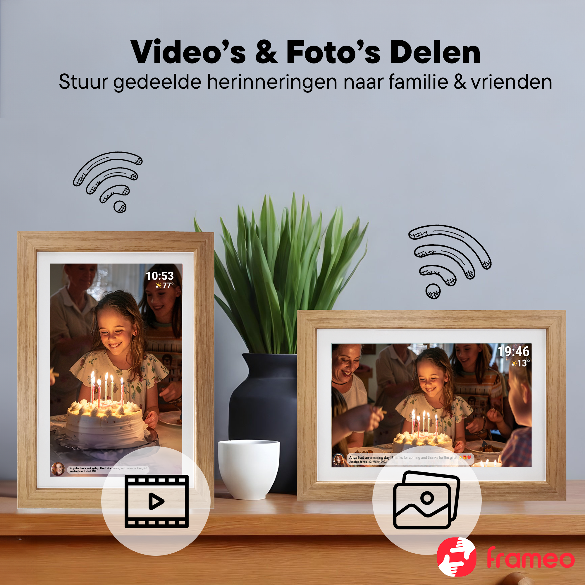 Denver Digitale Fotolijst 15.6 Inch - Hout - XL - Full HD - Frameo App - Fotokader - WiFi - 16GB - IPS Touchscreen - PFF1543LW